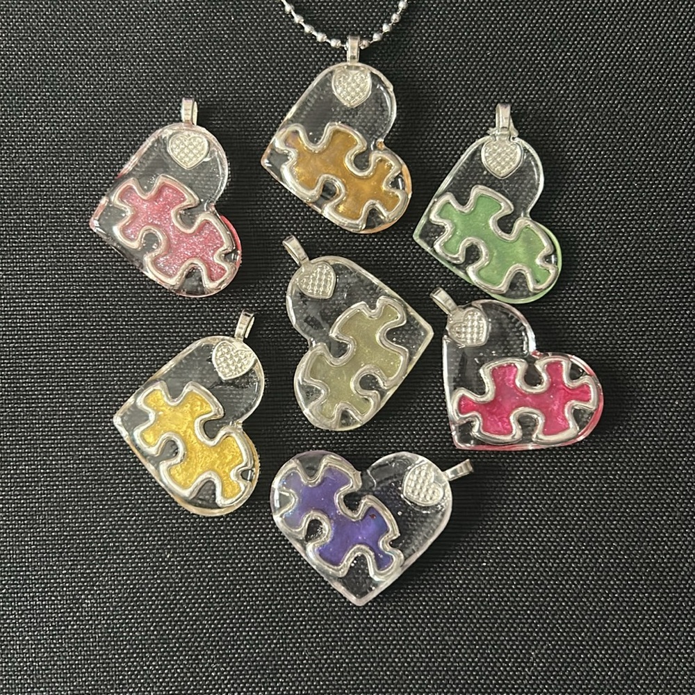 Silver Heart Autism Puzzle Piece Resin Pendant w/Free Chain